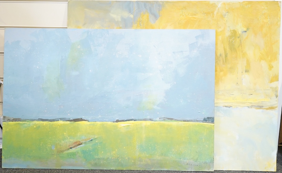Billie Newey (contemporary), Abstract landscapes, two oils on board, unsigned, unframed, largest 61 x 75cm